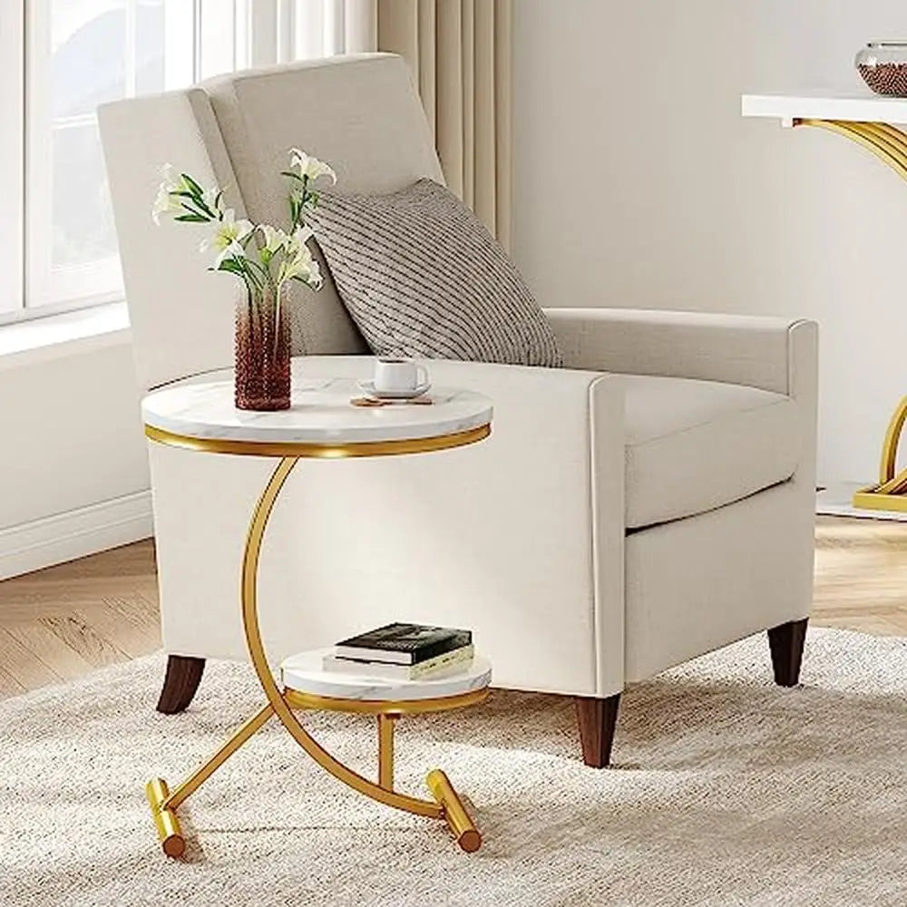 Modern 2-Tier Round End Table with Faux Marble Top