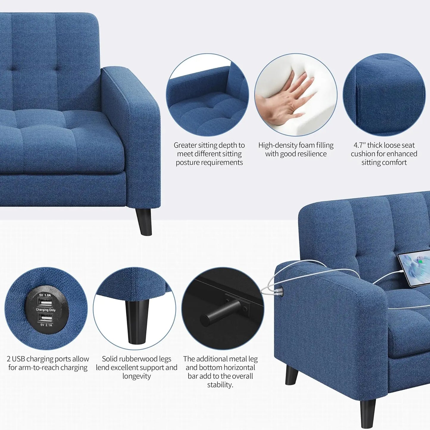 Modern Fabric Sofa with Solid Wood Legs & USB Ports