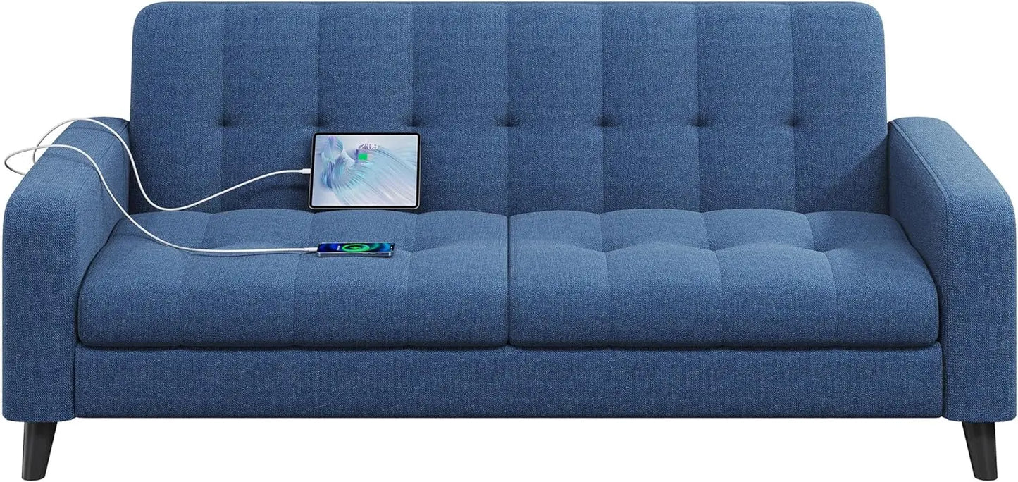 Modern Fabric Sofa with Solid Wood Legs & USB Ports