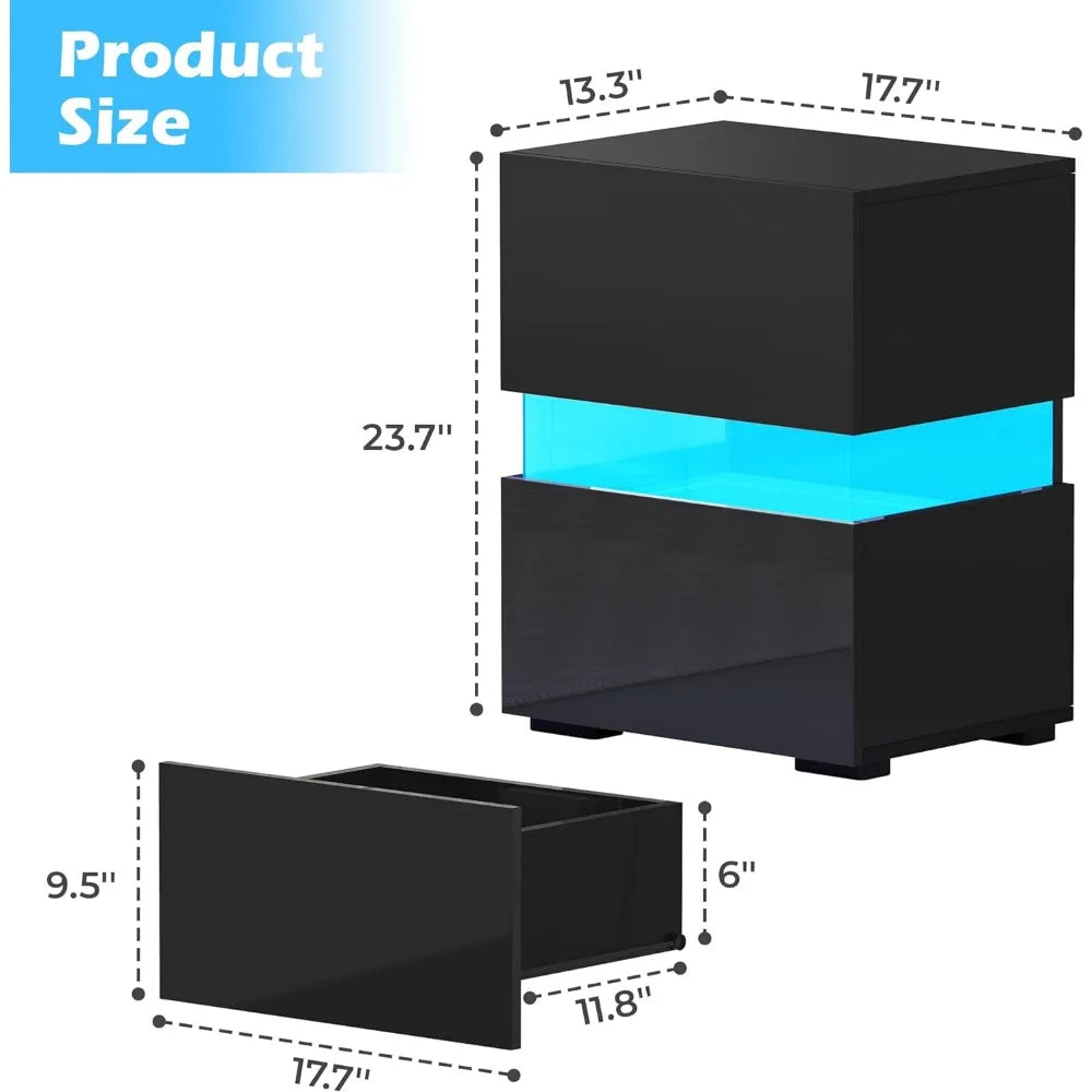 Set of 2 High-Gloss LED Bedside Tables