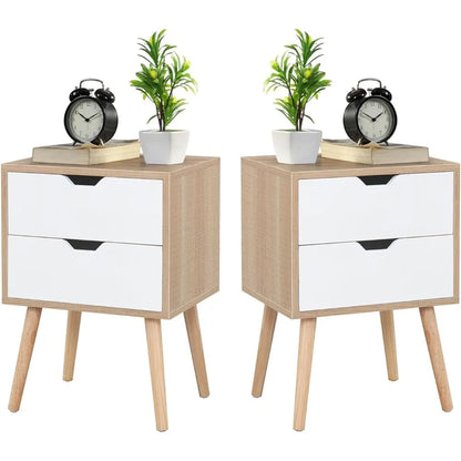 Set of 2-Natural Beside Table with Drawer