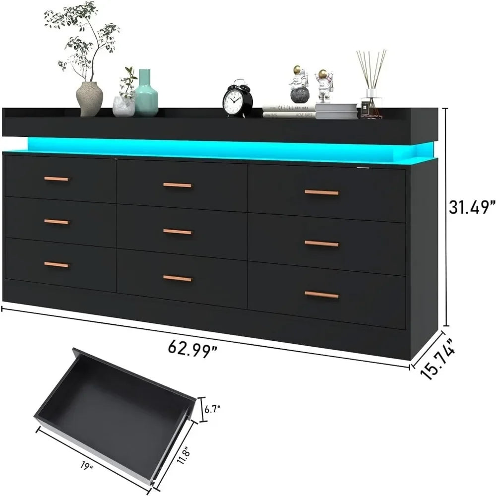 Modern Dresser 9 Drawer with LED Light